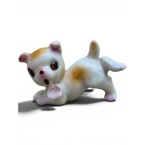 Vintage 1950s Porcelain Playful Puppy Dog Figurine Pink Flower in Mouth Kitsch